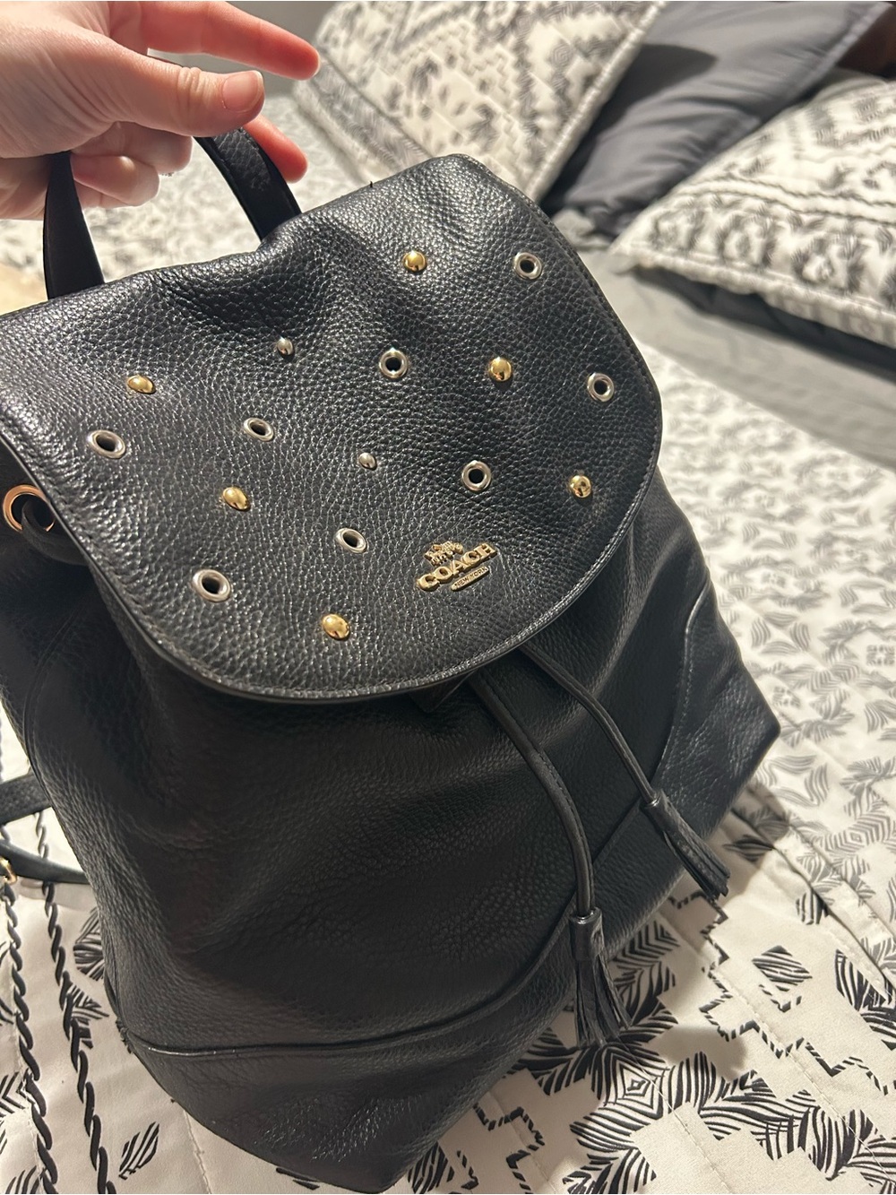 Coach Black Pebbled Leather Grommet Drawstring Backpack - Picture 10 of 11